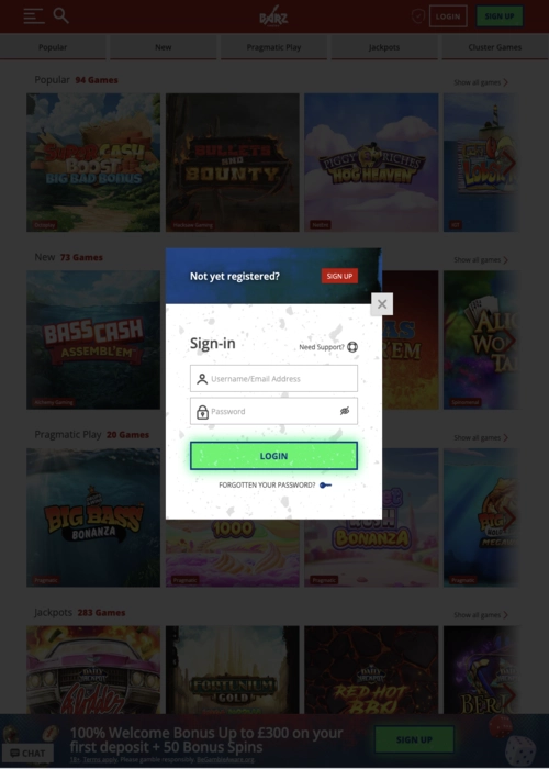 Secure player login portal Barz Casino